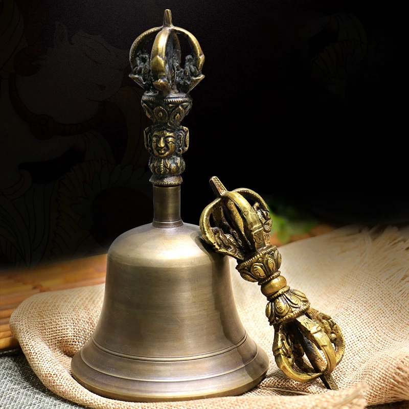 Vintage Brass Tibetan Bells Nepal Buddhist Hand Bell Dorje Vajra Yoga Meditation Bell Outdoor Sound Healing Instrument Ornaments