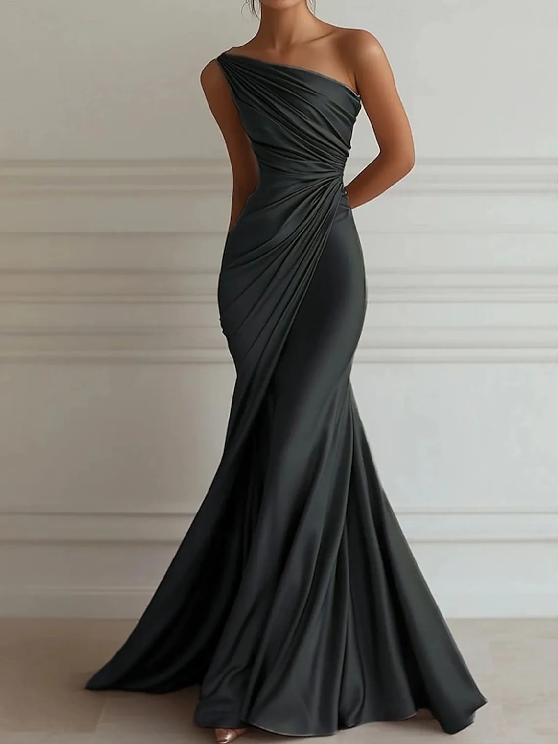 우아한 머메이드 이브닝 드레스 원숄더 슬리브리스 플로어 길이 스트레치 새틴 플리츠 웨딩 게스트 드레스 2025 무료 맞춤 제작