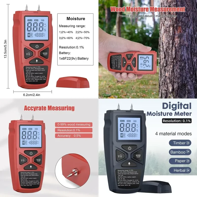 Digital Moisture Meter Handheld Wood Moisture Detector LCD Hygrometer Humidity Measurement Timber Bamboo Paper Herbal