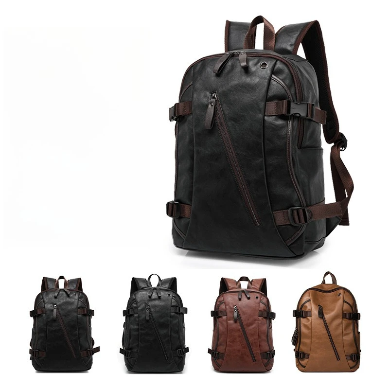 

PU leather men's backpack color collision large capacity waterproof student schoolbag multi-functional travel women's backpack