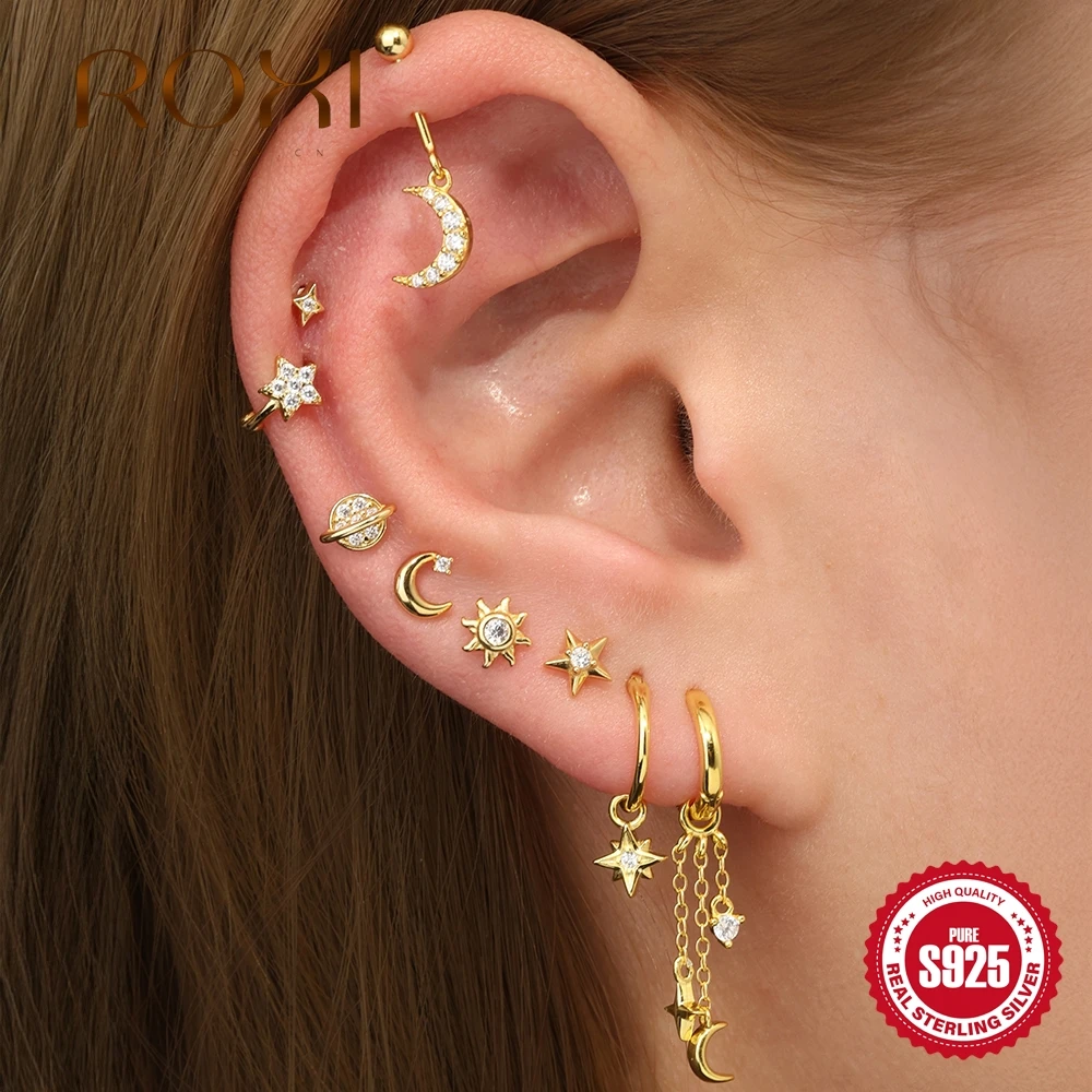 

ROXI 925 Sterling Silver Zircon Star Moon Dropped Earring For Women Ins Minimalist Piercing Jewelry Party Birthday Gift