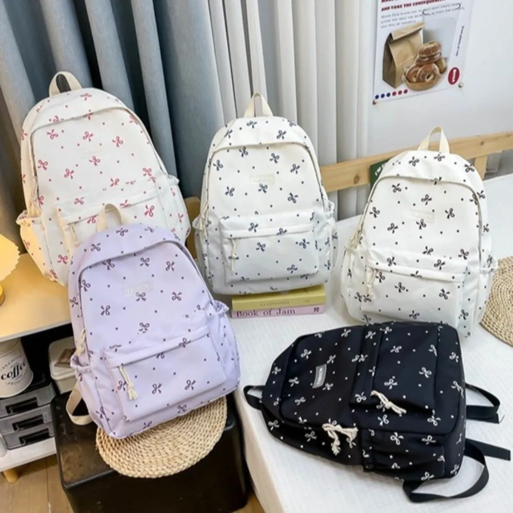 Nylon Material Bow Print Backpack Quilted Design Adjustable Straps Large Capacity School Bag Multi-Pocket Reinforce Structure