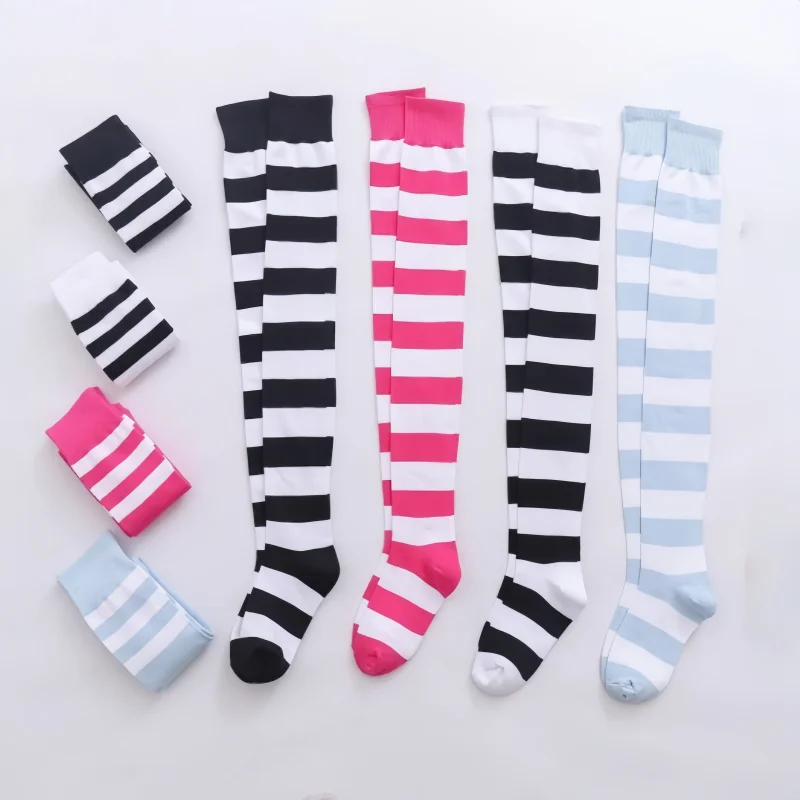 2 Pairs Women's Over The Knee Socks Cotton Thigh High Socks Black White Blue Colorful Striped Pattern Fashion Casual Daily Wear