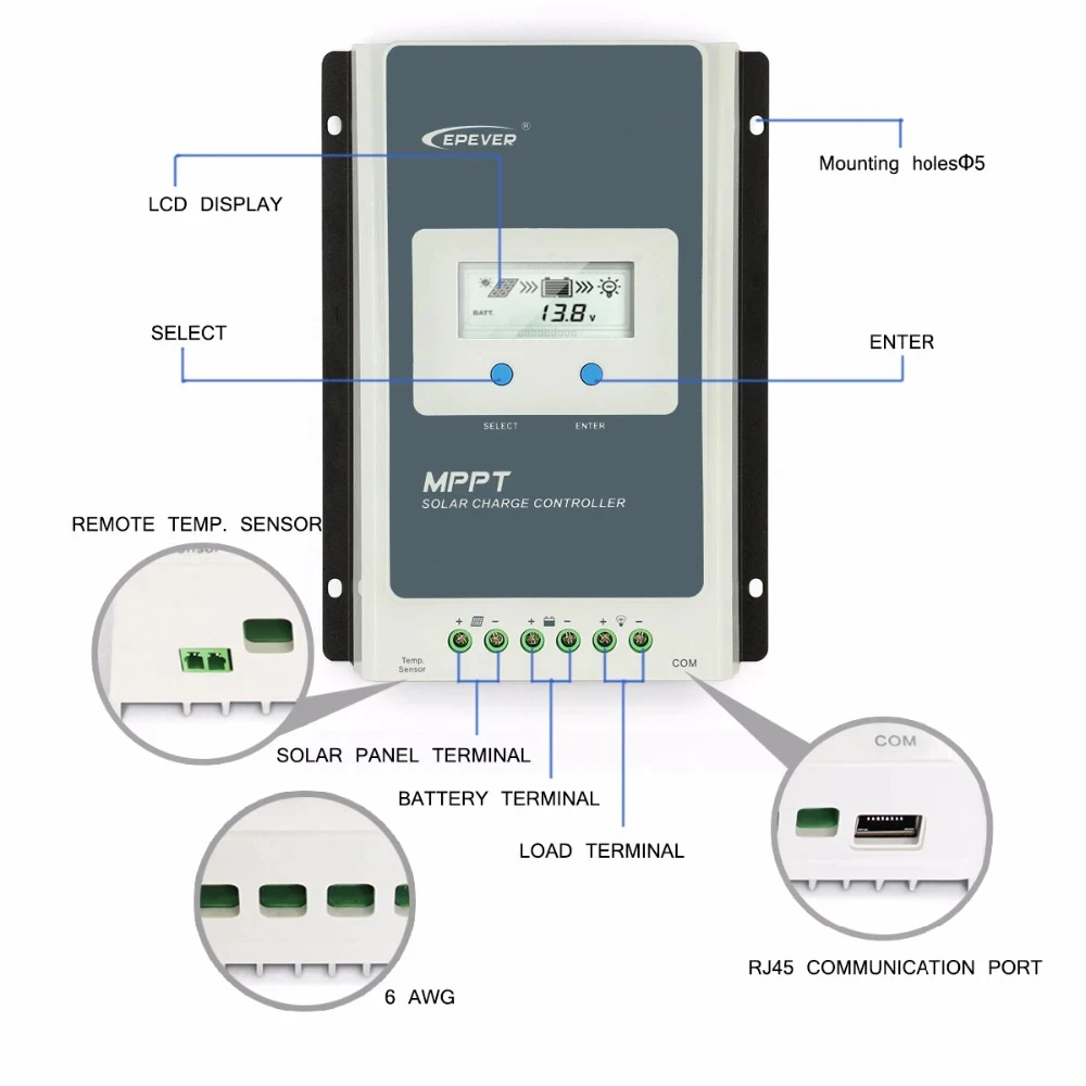 EPever MPPT Solar Charger Controller Solar Voltage Battery Regulator for 12V 24V Batteries system 40A 30A 20A 10A