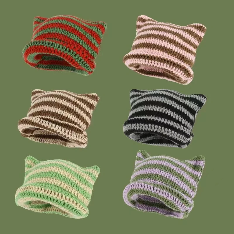 

New Japanese Beanie Hat Ins Little Devil Striped Knitted Wool Cap Autumn and Winter Cute Cat Ears Pointed Pullover Women's Hats