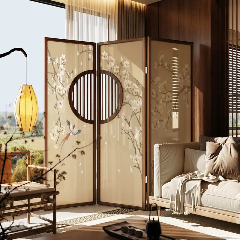for Chinese Magnolia Flower and Bird Round Window Song Style Aesthetics Solid Wood Four Fold Screen Living Room Entrance