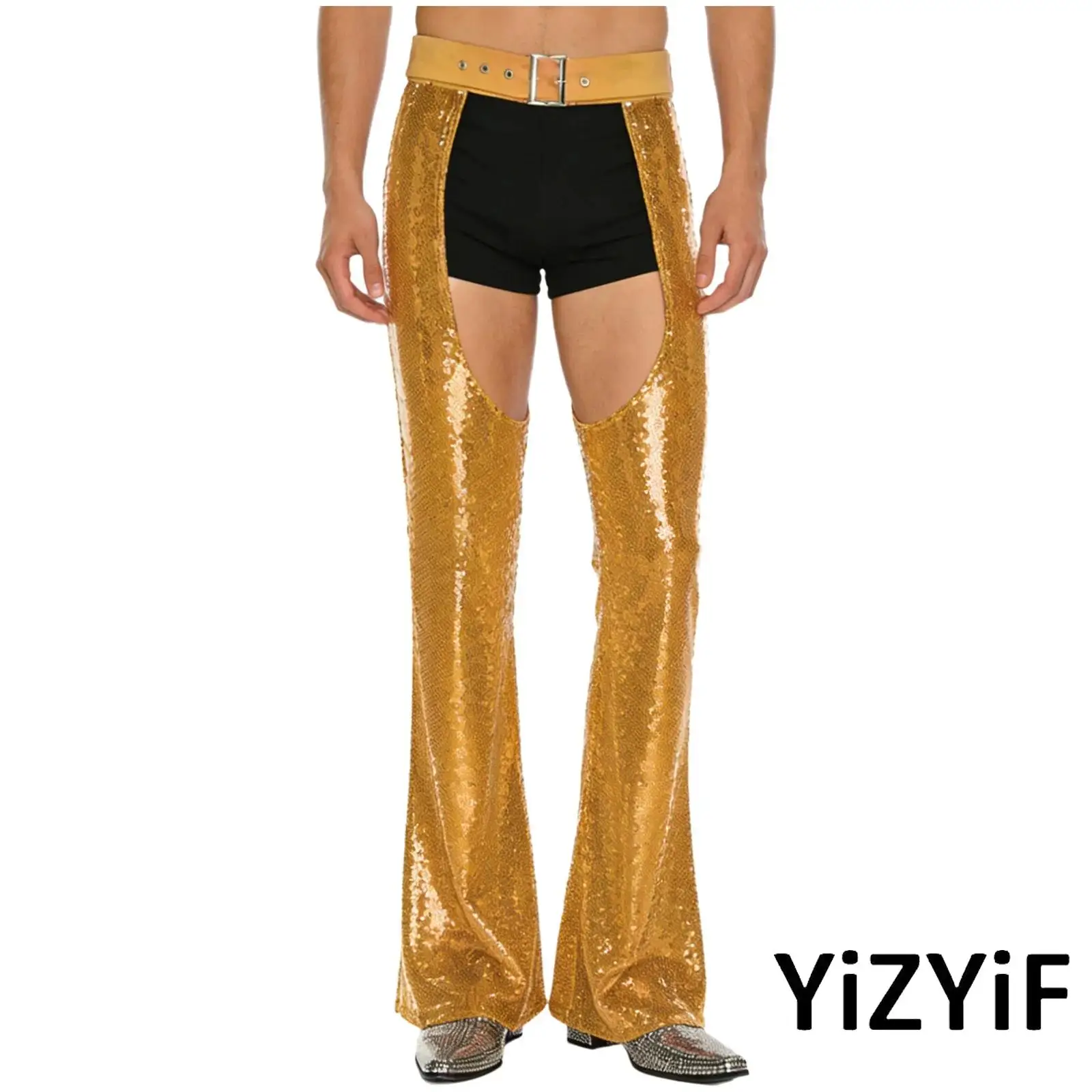 

Mens Dazzling Cowboy Chaps Pants with All Over Sequins And Hollow Out Crotch Adjustable Waist Flared Pants for Masquerade Events