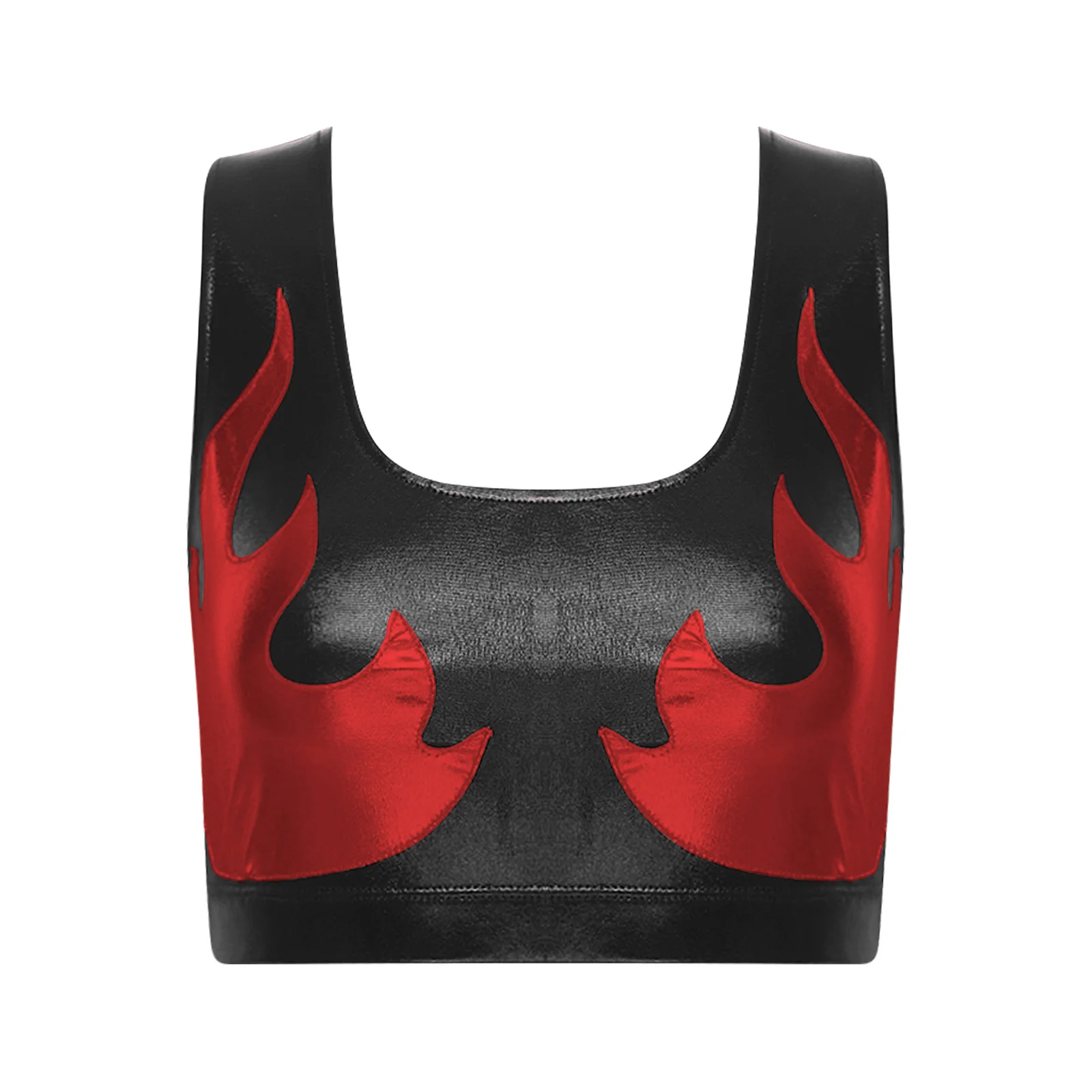 

Womens Shiny Metallic Sports Tank Crop Tops Vintage Rave Costume Flame Print Street Wear Workout Crop Vest Tops Gym Fitness