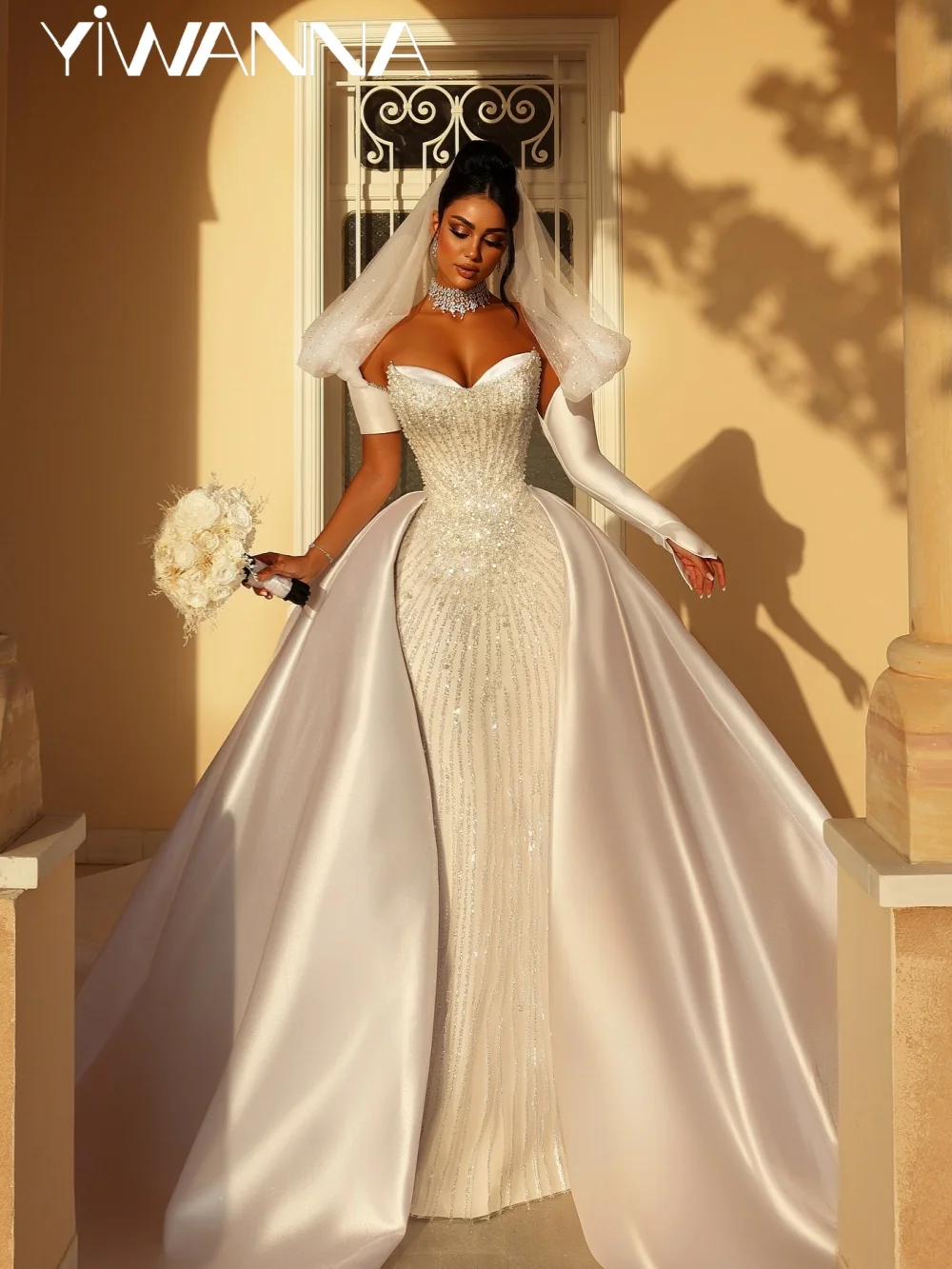 

Detachable Satin Train Wedding Dress Elegant Dazzling Beaded Bridal Gown Customized Dreamy Sweetheart Neck Dresses For Bride