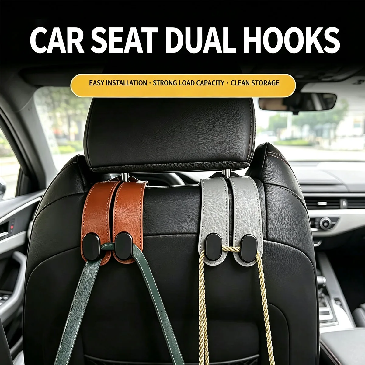 Car Seat Dual Headrest Hooks, Leather Hanger for Handbag Purse Grocery Bag, No‑Drill Car Interior Storage Accessories