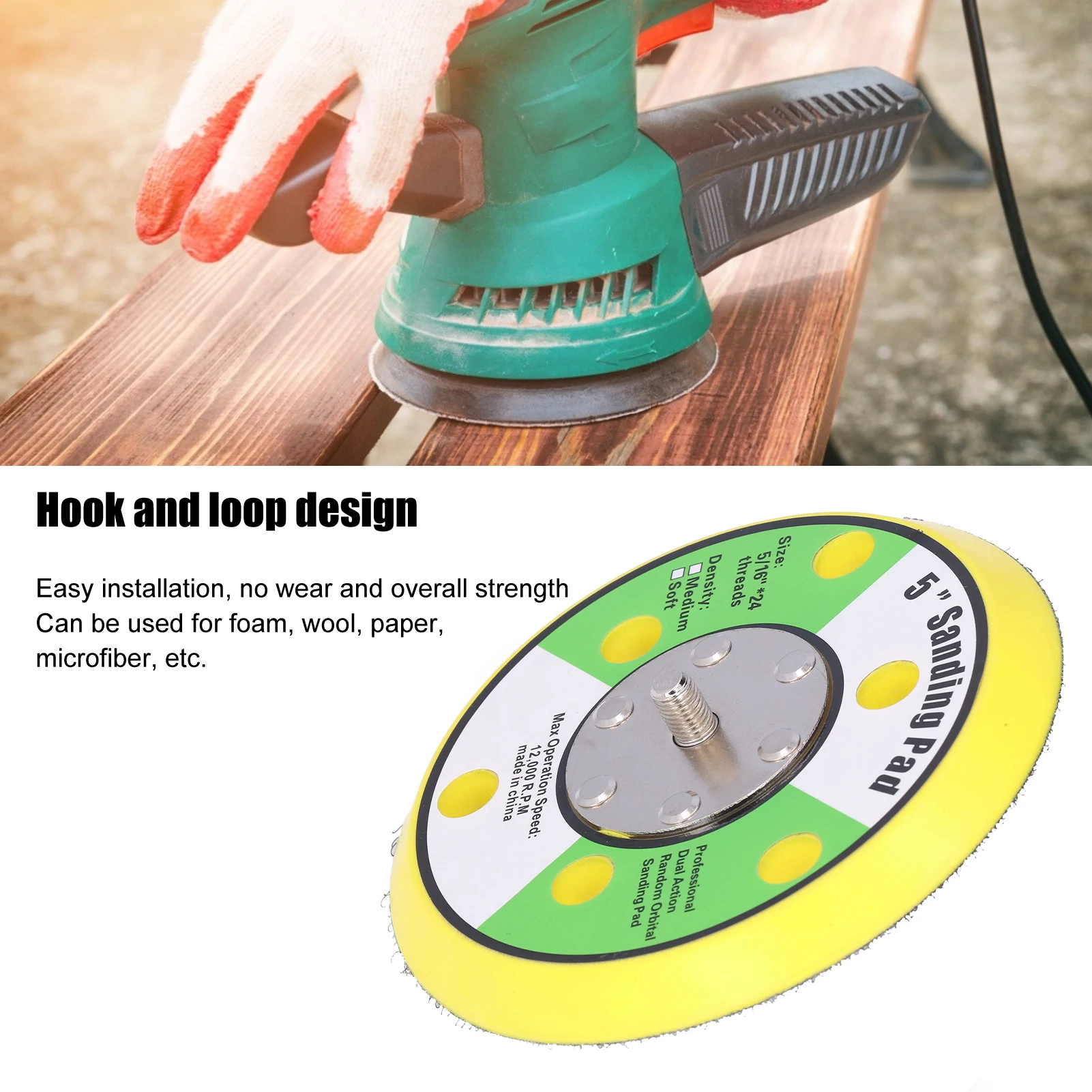 

5in Sanding Pad 5/16‑24 Hook and Loop PU Backing Plate Pneumatic Sander Buffer 12000RPM Polisher Buffer Polishing Disc Holder