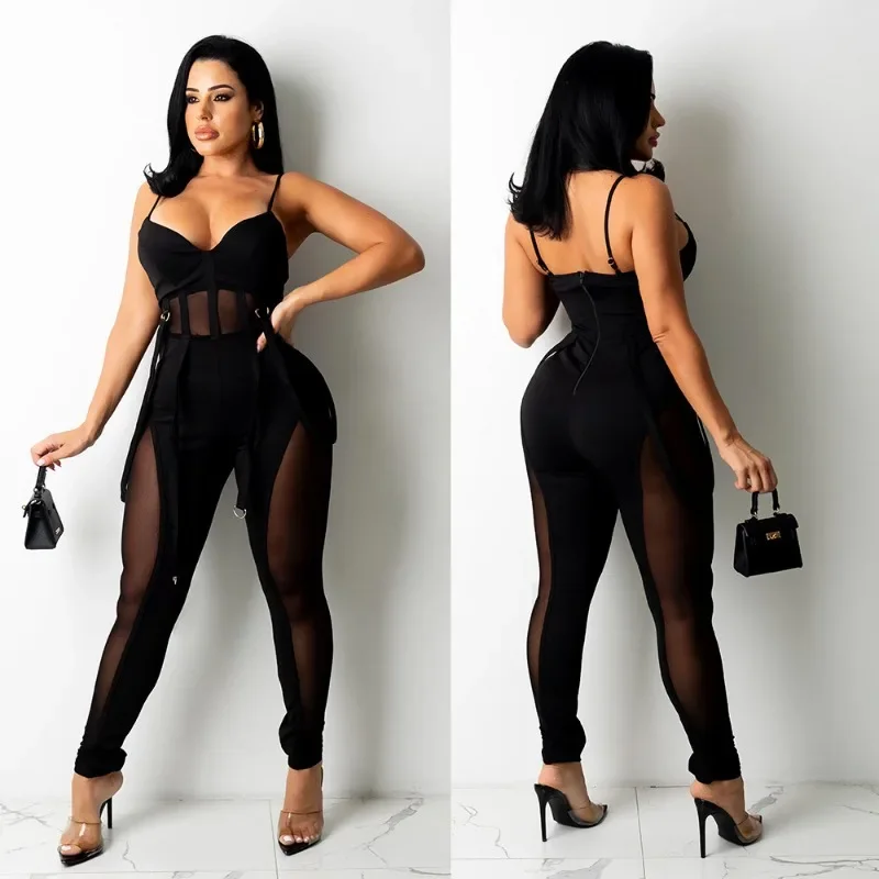 Jumpsuit Tight High Waist Trousers Women's Autumn New Style Mesh Tassel Perspective Sexy Suspenders Elastic