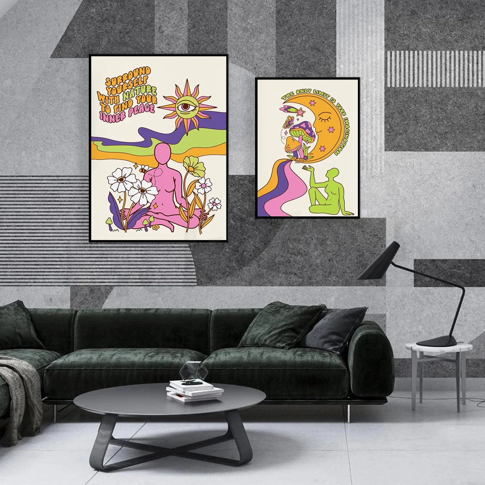 Psychedelic Inner Peace Print - Surreal Funky Retro 70s Hippie, Colourful Wall Art, Surround Yourself With Nature