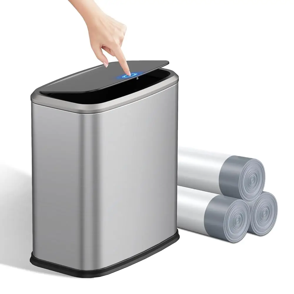 

Мусорное ведро для ванной комнаты объемом 2,1 галлона (8 литров) с нажимной крышкой, из нержавеющей стали, узкое, с механизмом открывания нажатием.