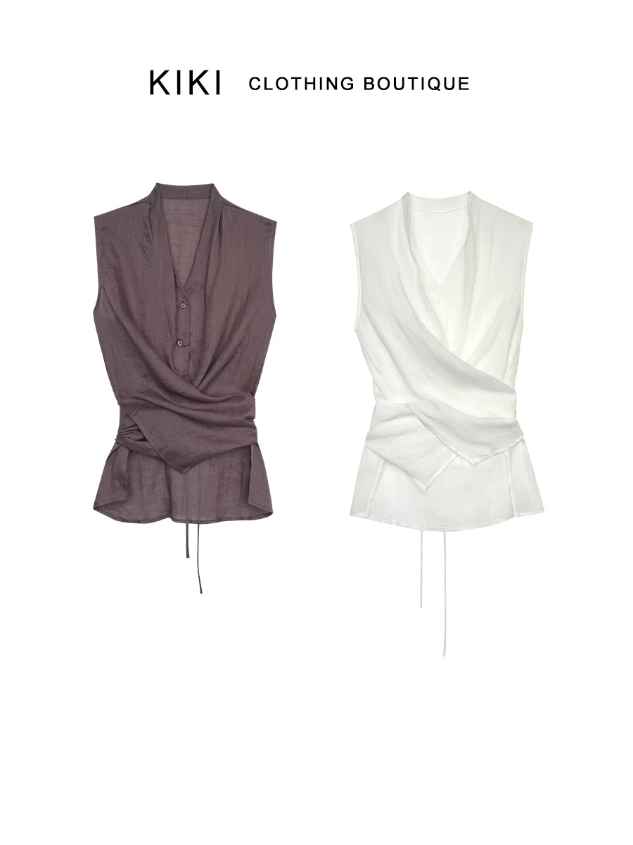 

Kiki Cloud Bruing Illusion 00% Flax V-ne Vest irt Simple Waist-cinching Commute Faion Women's Top Summer T-irt