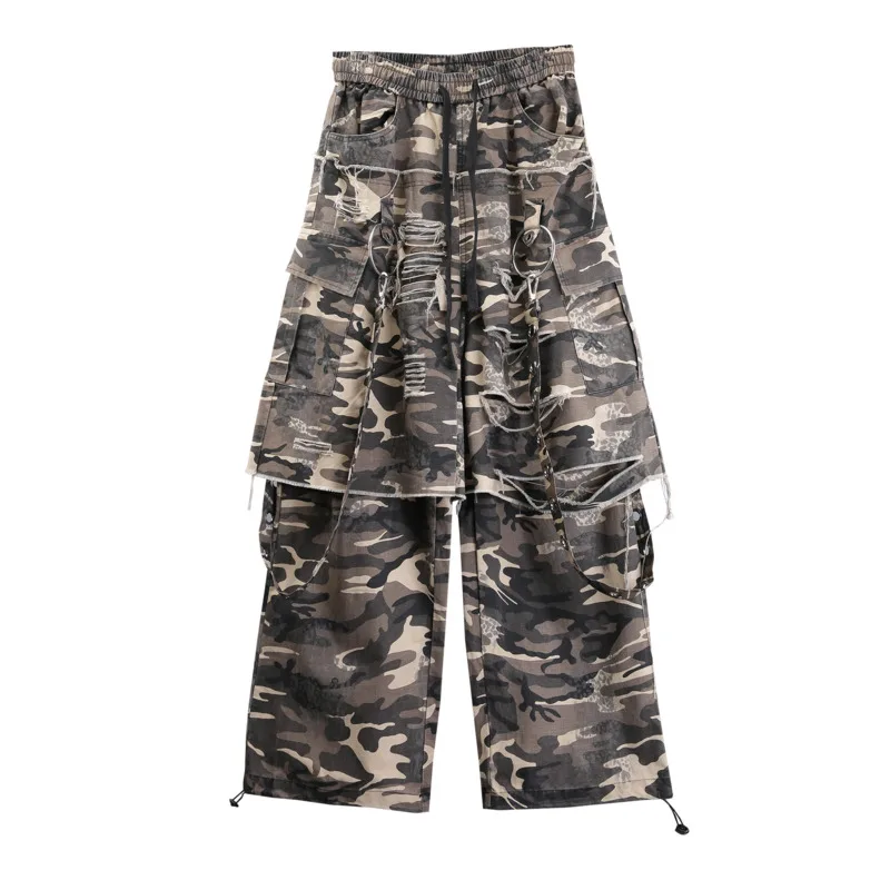 HKSH Unique American Heavy Safari Style Ribbons Metal Rings Faux Two-Piece Ripped Wide-Leg Streetwear Dance Cargo Pants HK26987 view 6