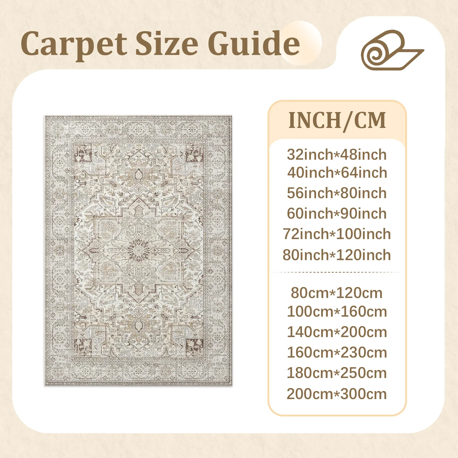 Large Indoor Area Rug, Soft Velvet Low Pile with Non-slip Dotted Backing, Machine Washable Vintage Ornate Medallion Pattern, Neutral Light Beige Area Rug for Living Room Bedroom