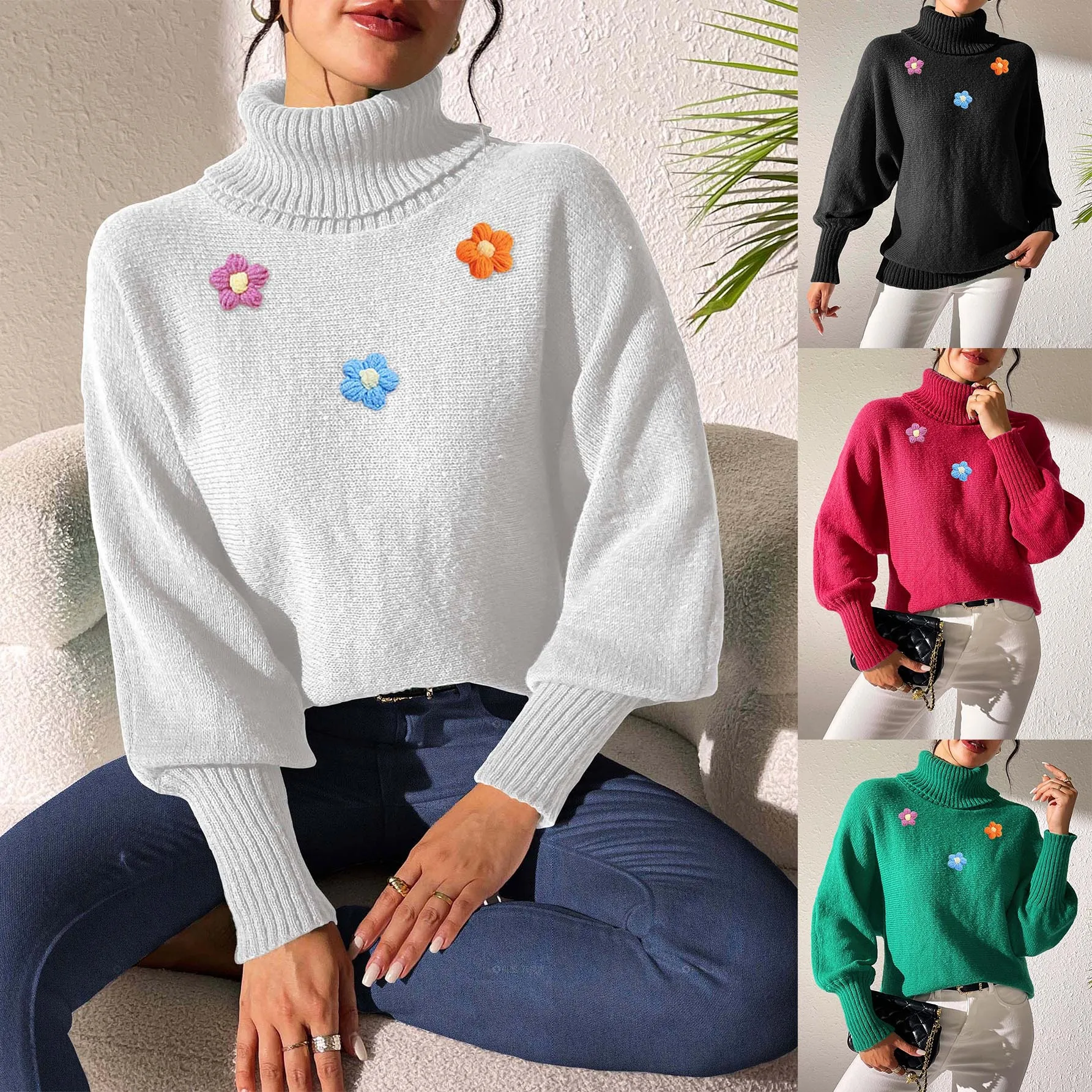 

Women Autumn Solid Color Top with Hand Hook Flower Splicing High Collar Sweater Fashion Tops 2025