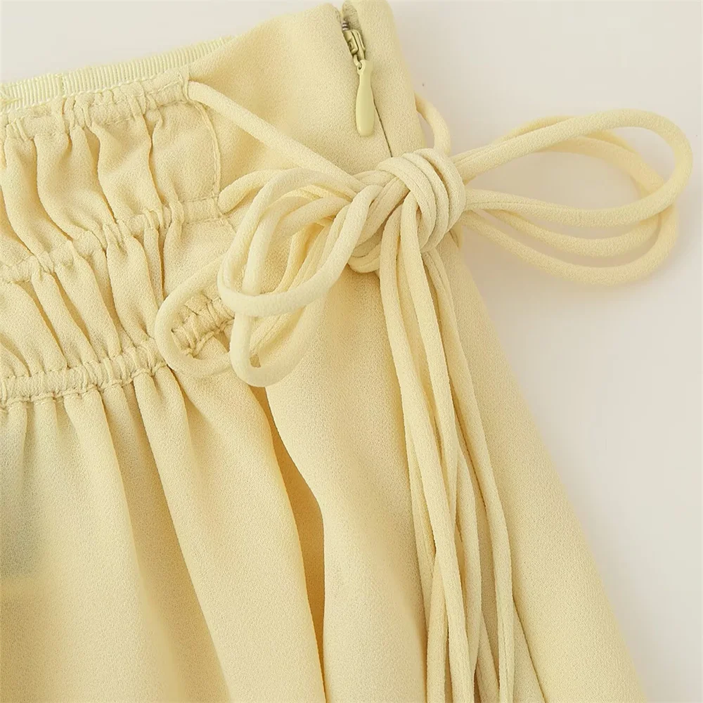 女性らしいスタイリッシュでファッショナブルなロープ装飾シフォンスカート、夏の新作無地スリムフィットロングスカート