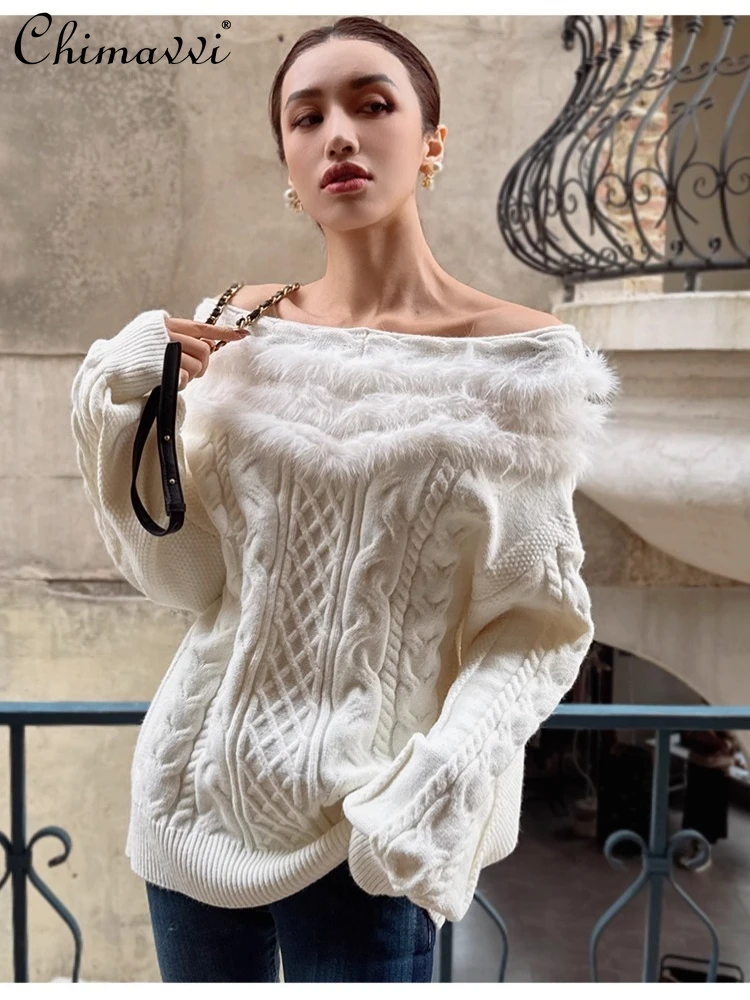 

French Elegant Style Versatile Off-Shoulder Knitted Sweater Lazy Casual Plush Patchwork Long Sleeve Pullover for Women Winter