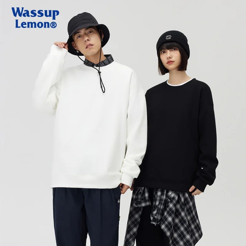 Wassup Lemon round Neck Sweatshirt Men's Fleece Lined Oversized Hoodie Pure Color Thickened Autumn Winter Casual Wear