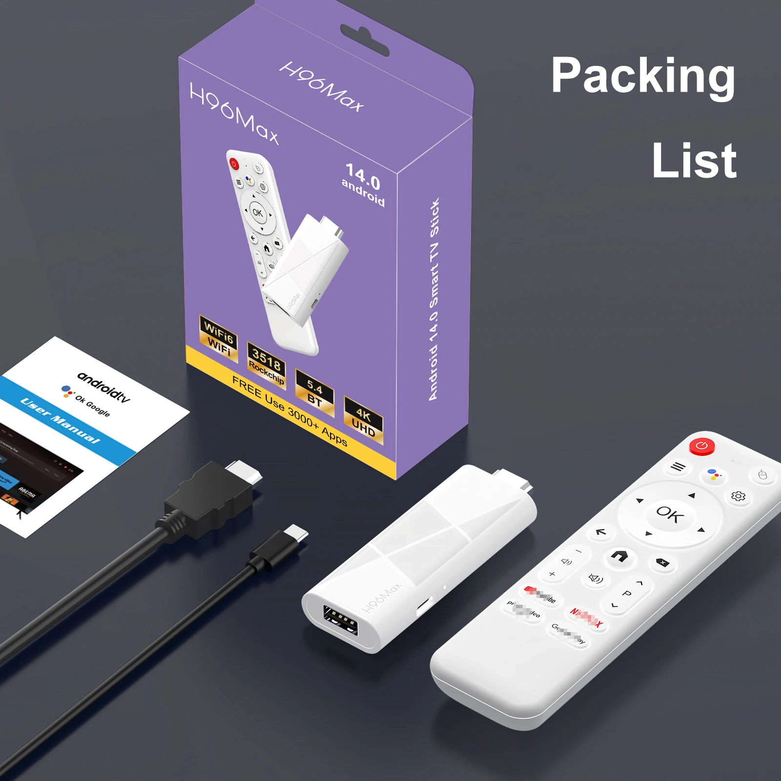 جهاز استقبال للتليفزيون أندرويد 14.0 RK3518 مساعد صوتي للتحكم عن بعد 4K فيديو Wifi6 BT5.4 2GB 16GB لعبة مشغل الوسائط صندوق التلفزيون الذكي H96 Max