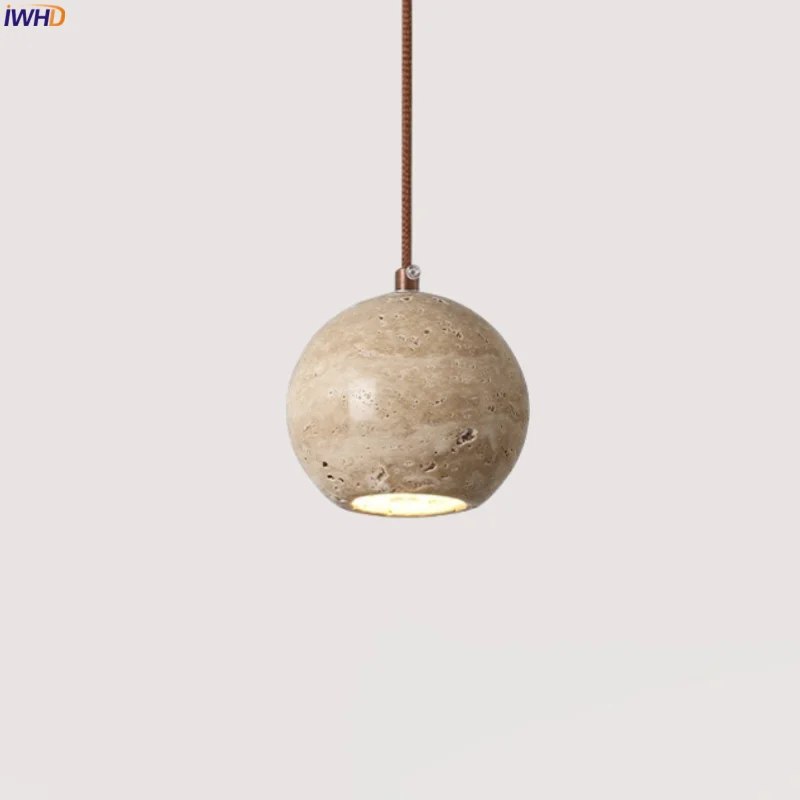 

IWHD Spherical Stone LED Pendant Lights Bedroom Dining Living Room Loft Decor Yellow Travertine Hanging Lamp Lighting Luminaria
