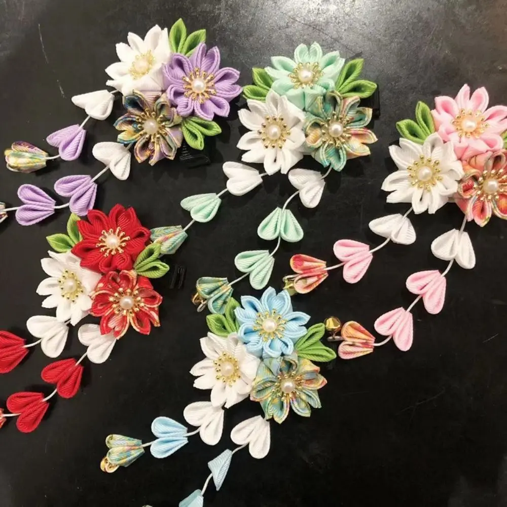 

Hanfu Accessories Japanese Kimono Headwear Cloth Ancient Style Sakura Flower Hair Clip Handmade Sweet Tassel Flower Hairpin