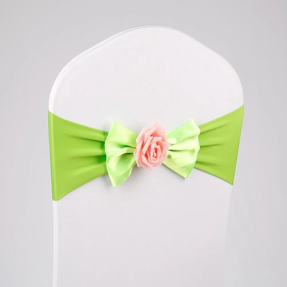 2pcs Durable Vintage Satin Chair Sashes Band Reusable Elastic Chair Bow Tie Multicolor Rose Chair Back Flower Wedding
