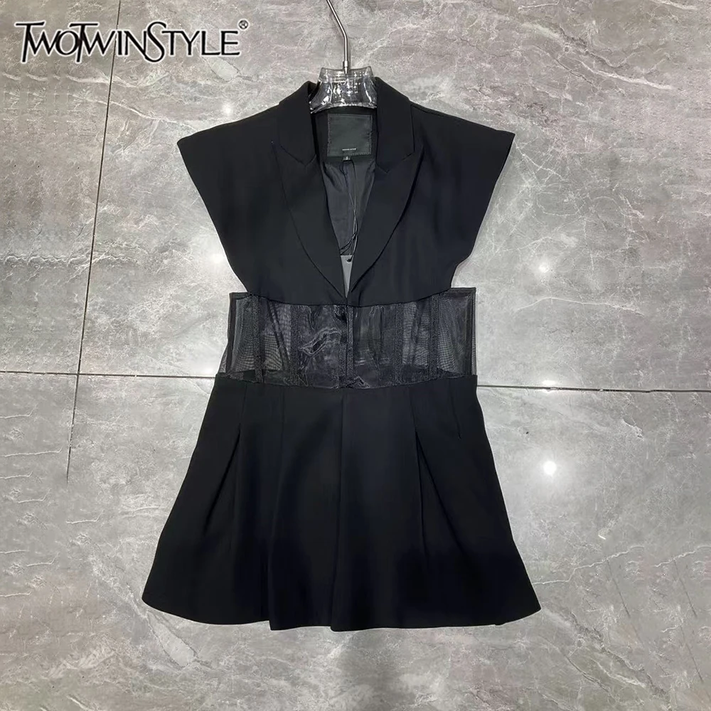 TWOTWINSTYLE Loose Solid Jackets for Women Lapel Sleeveless Spliced Folds Summer Sheer Streetwear Jacket Female New KJA563276