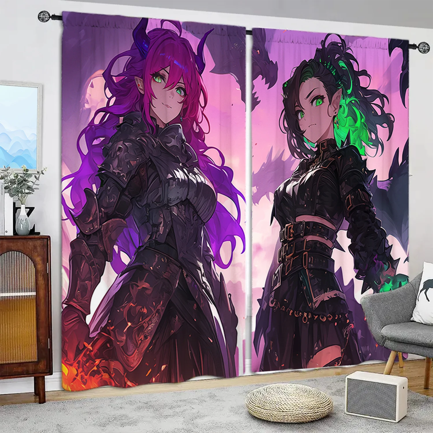 2pcs Anime Character Image Printed Curtain for Home Decor - Rod Pocket Window Treatment for Bedroom, Office, Kitchen