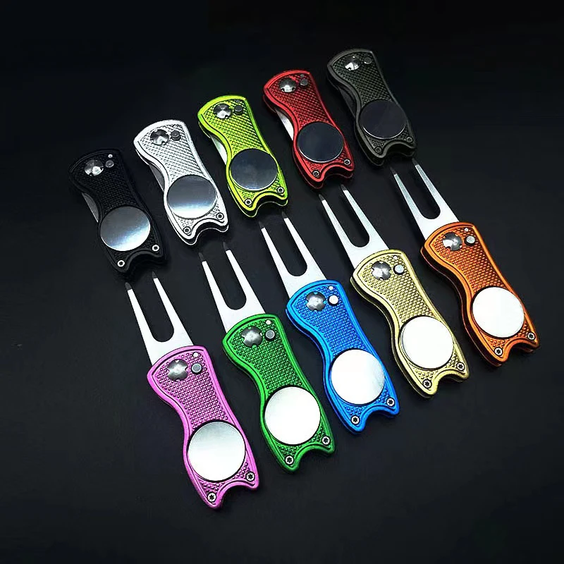 Foldable Golf Divot Repair Tool with Magnetic Ball Marker, Pop-up Button, Green Tool Accessories, Gift for Golfer