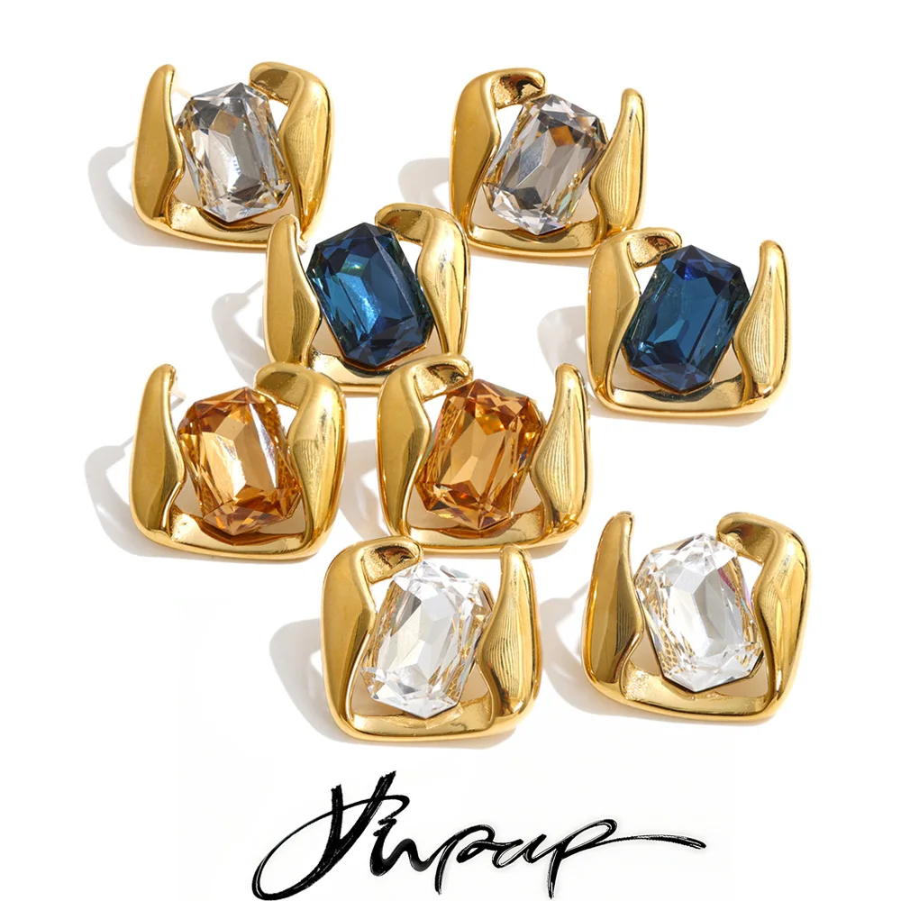 Yhpup Multi Color Crystal Square Stud Earrings 16K Gold Color PVD Plated Stylish Exquisite Jewelry Prevent Allergy