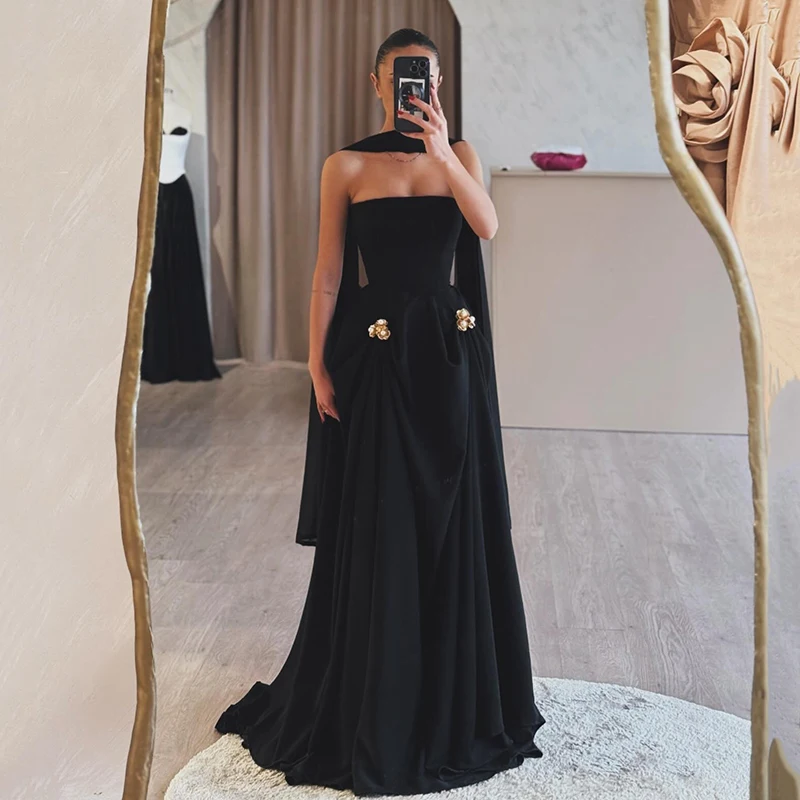 

Thinyfull Black A-Line Prom Evening Dresses Women Strapless Floor Length Party Dress Formal Night Cocktail Prom Gowns Customized