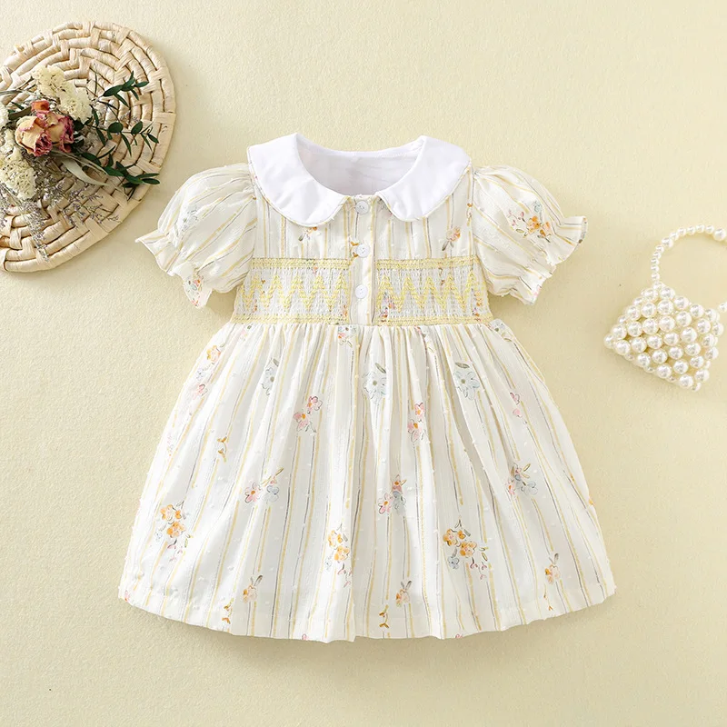 

Summer New Girls Dress Bubble Short Sleeves and Drawstring Sweet and Breathable Princess Dress Cotton Girls Dress