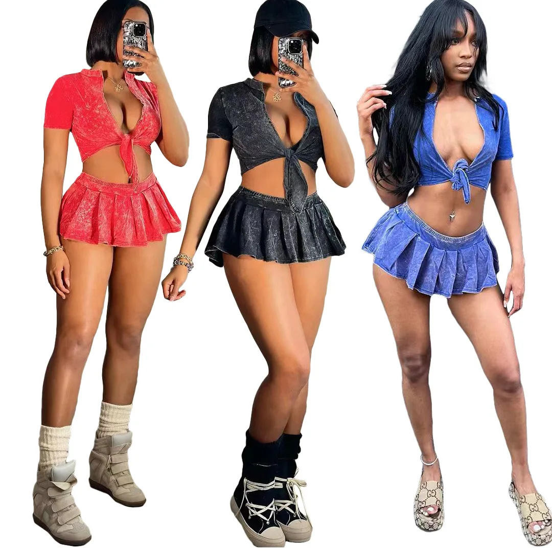 Women's Two Piece Skirt Sets 2024 Summer 2 Piece Outfits Sweatsuit Crop Tops + Pleated Skirt Mini Short Dress with Briefs