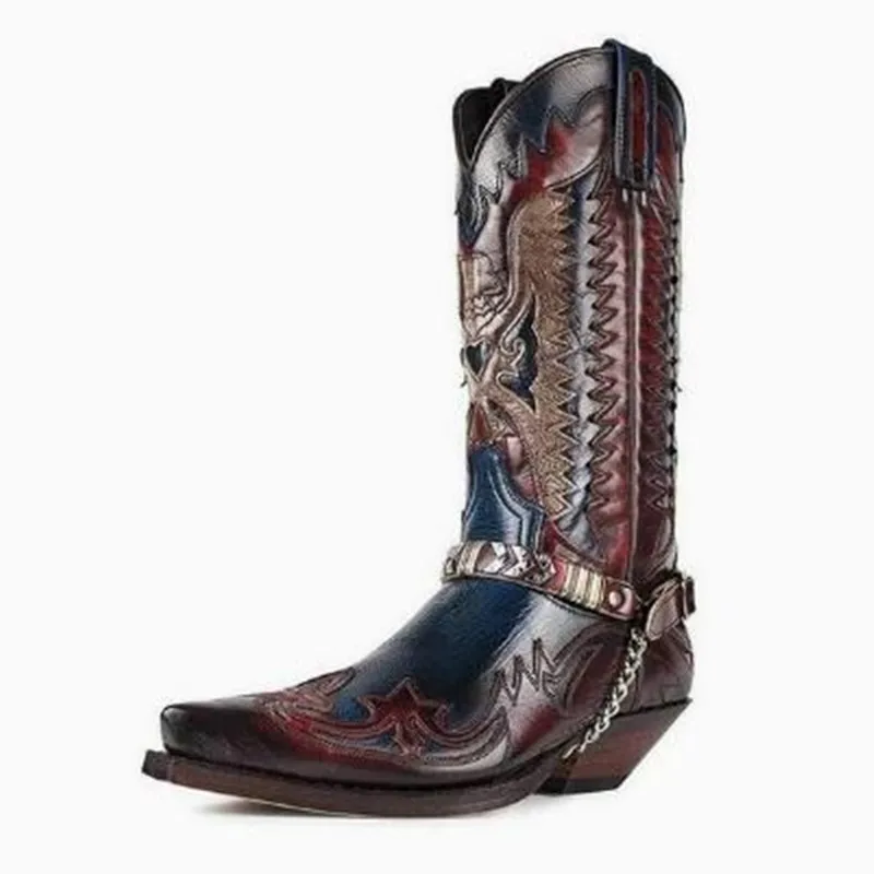 Pointed Toe Embroidered Mid-Calf Boots Snake Print Western Cowboy Men Botines Color-Blocked Slip-On Chelsea Cool Botas Femininas