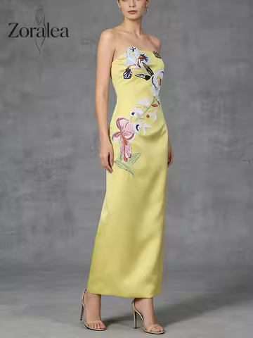 Zoralea Strapless Floral Embroidered Satin Midi Dress Women Multiple Colors Elegant Formal Evening Gown Wedding Guest Bridesmaid