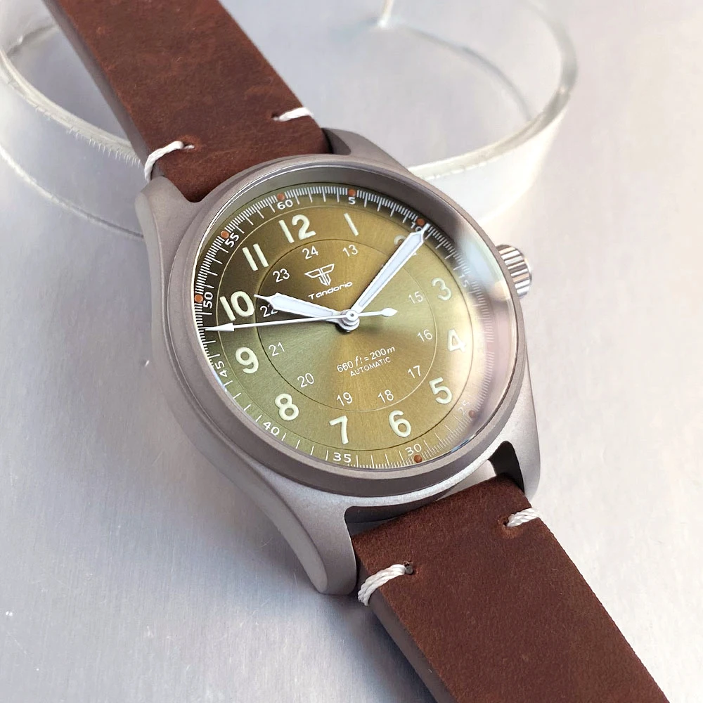 Tandorio Titanium 39mm Japan NH35A/PT5000 Automatic Watch Green Luminous Sapphire Glass 20BAR Water Resistance Pilot Men Vintage