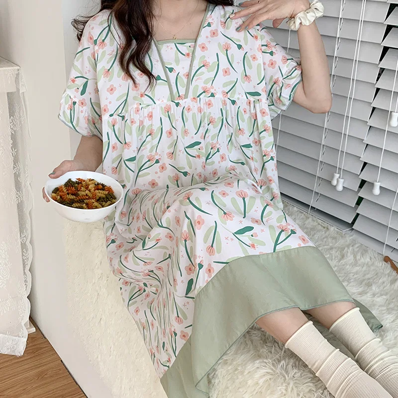 2023 Short Sleeve Thin Nightdress Female Summer New Viscose Women\'s Nightgowns Fashion Night Wear Printed Loose Sleeping Dress