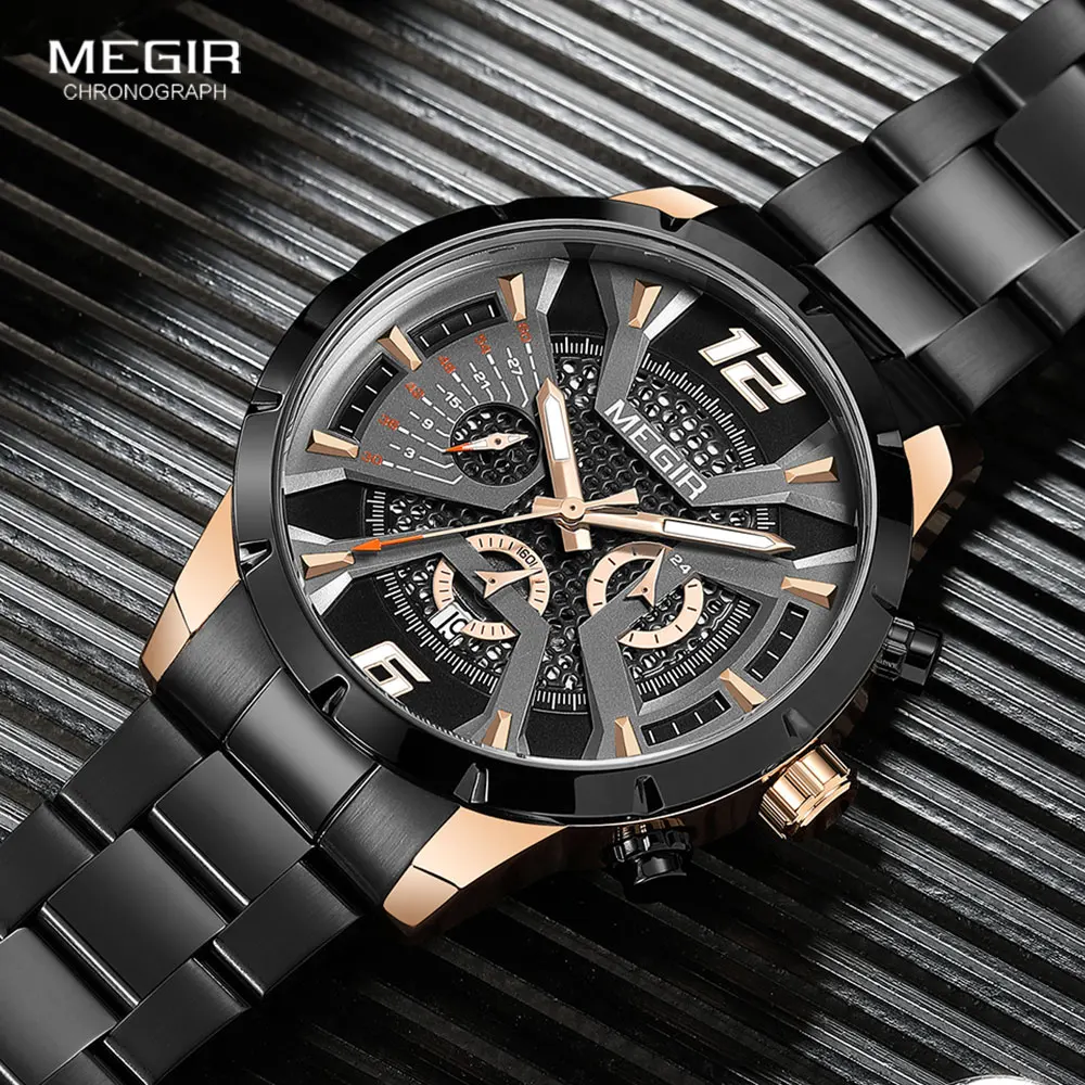 MEGIR Black Stainless Steel Watch Men Fashion Sport Chronograph Quartz Dress Wristwatch with Auto Date 24-hour Luminous Hands