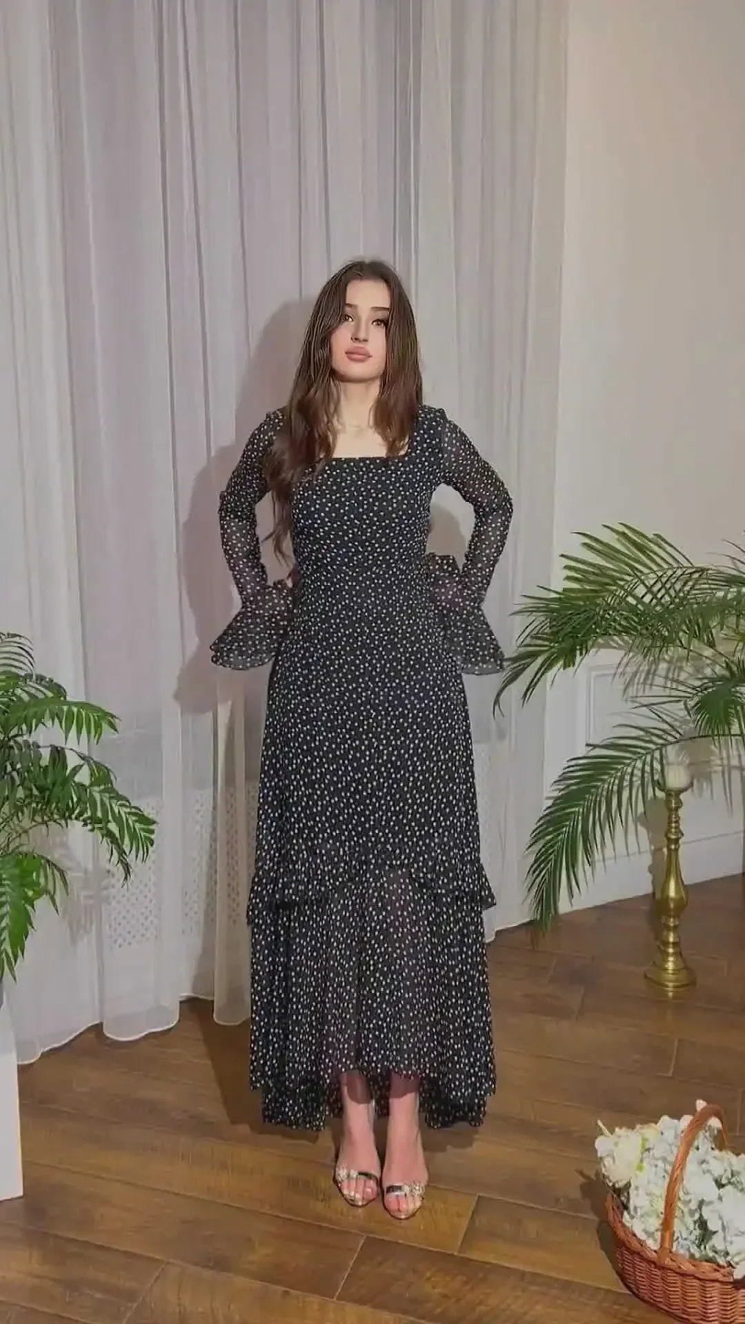 Szyfonowa sukienka z falbankami, damska, letnia, z długim rękawem, łączona, z wysokim stanem, wyszczuplająca, asymetryczna, w kwiaty, sukienka wieczorowa, długa sukienka.