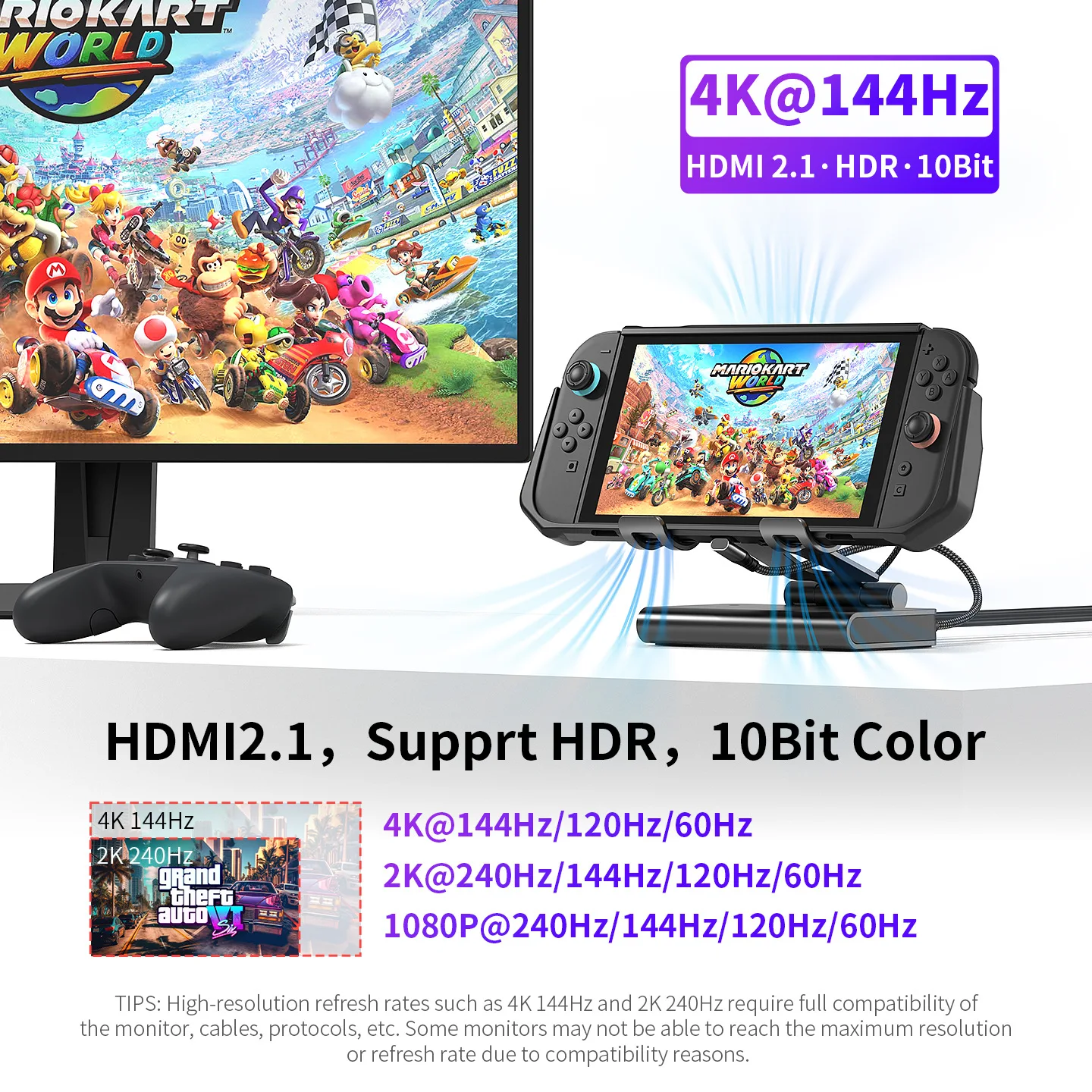 4K@144Hz Docking Station for Nintendo Switch 2, Foldable Dock with 4K@144Hz HDMI 3 Speed Dual Fan Cooling for Nintendo Switch 2