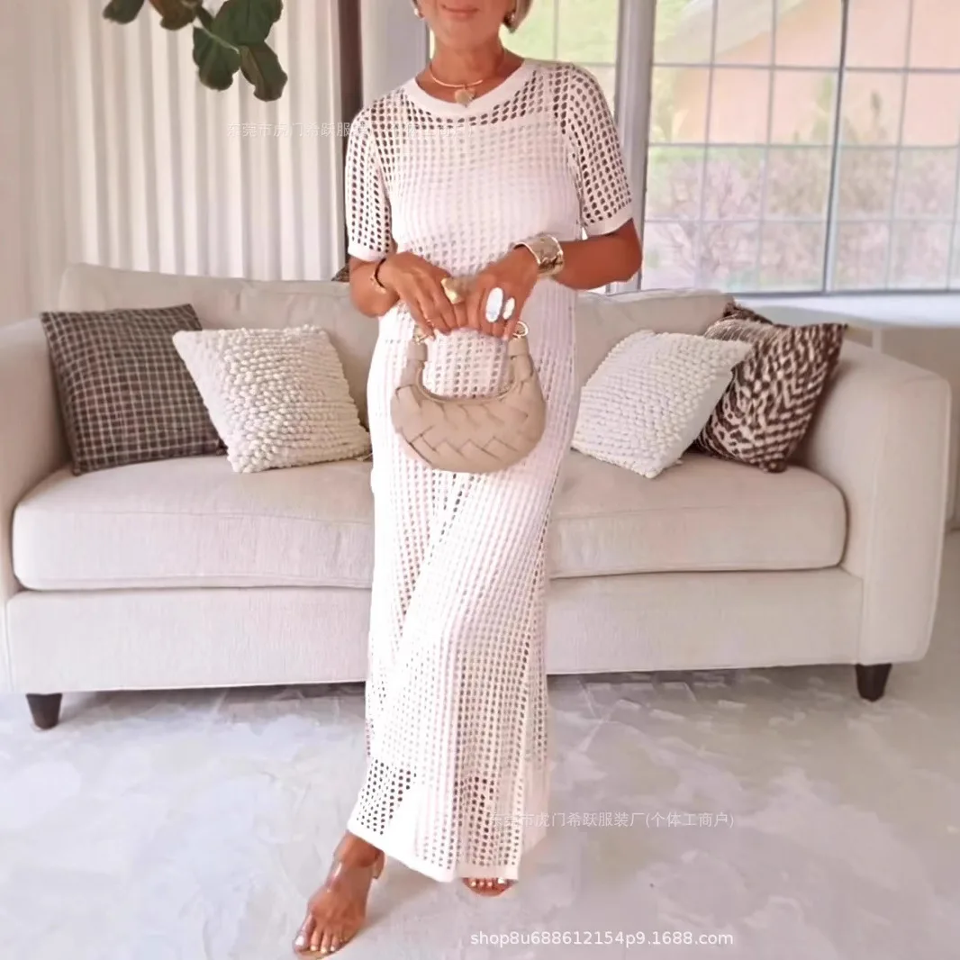 

2025 European New Fashion Women's Solid Color Casual Trendy Hollowed Out O-neck Short Sleeve 2 Piece Sets Female Dress Clothes