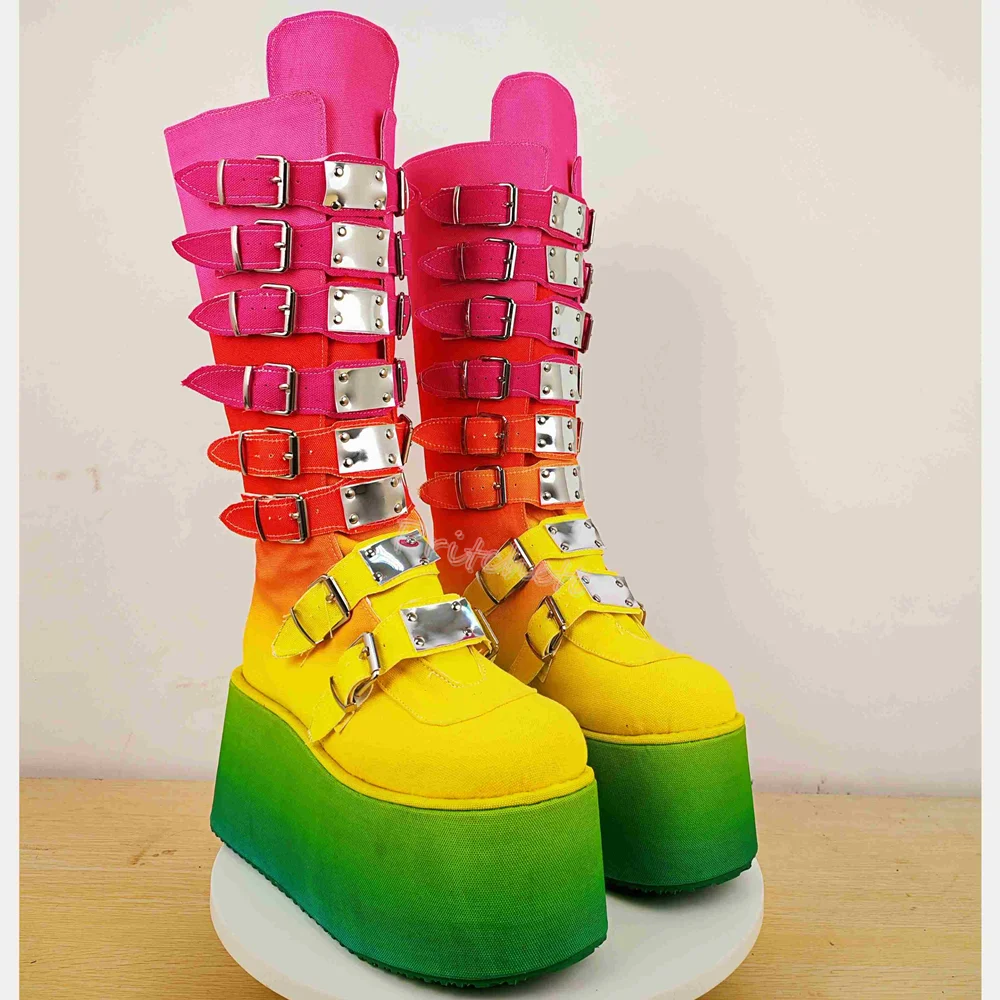 

Rainbow Round Toe Knee-high Boots Platform Wedges Multiple Buckles Hollow Multi Color Pull-on Shoes Winter Boots New 2025