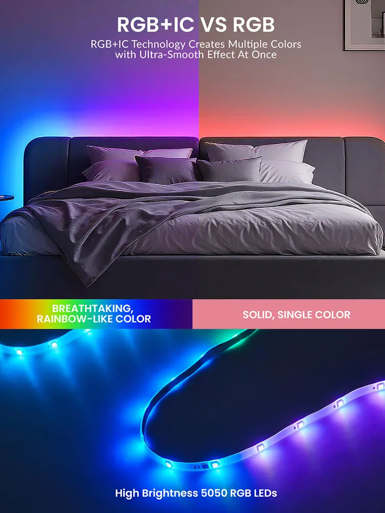 LED-Leuchten für Schlafzimmer, RGB-Smart-Bluetooth-LED-Streifen mit Musik-Synchronisierungs-App, Fernbedienung, Farbwechsel für Gaming-Dekoration