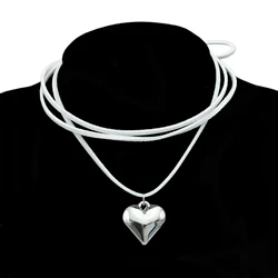 Goth White Velvet Big Heart Pendant Choker Necklace for Women Elegant Weave Knotted Bowknot Adjustable Chain New Year Jewelry