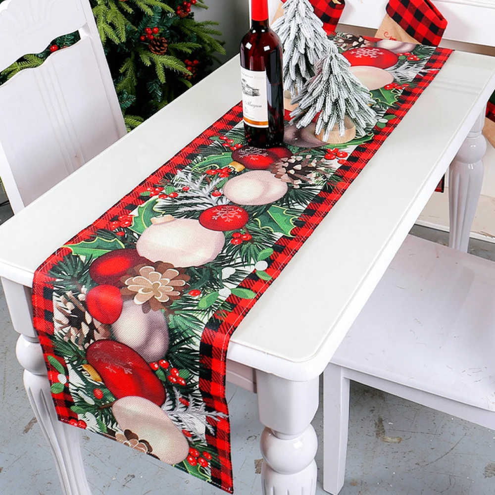 Christmas Table Runner Linen Texture Xmas Tree Print Table Cover Festive Kitchen Dining Table Decoration Art