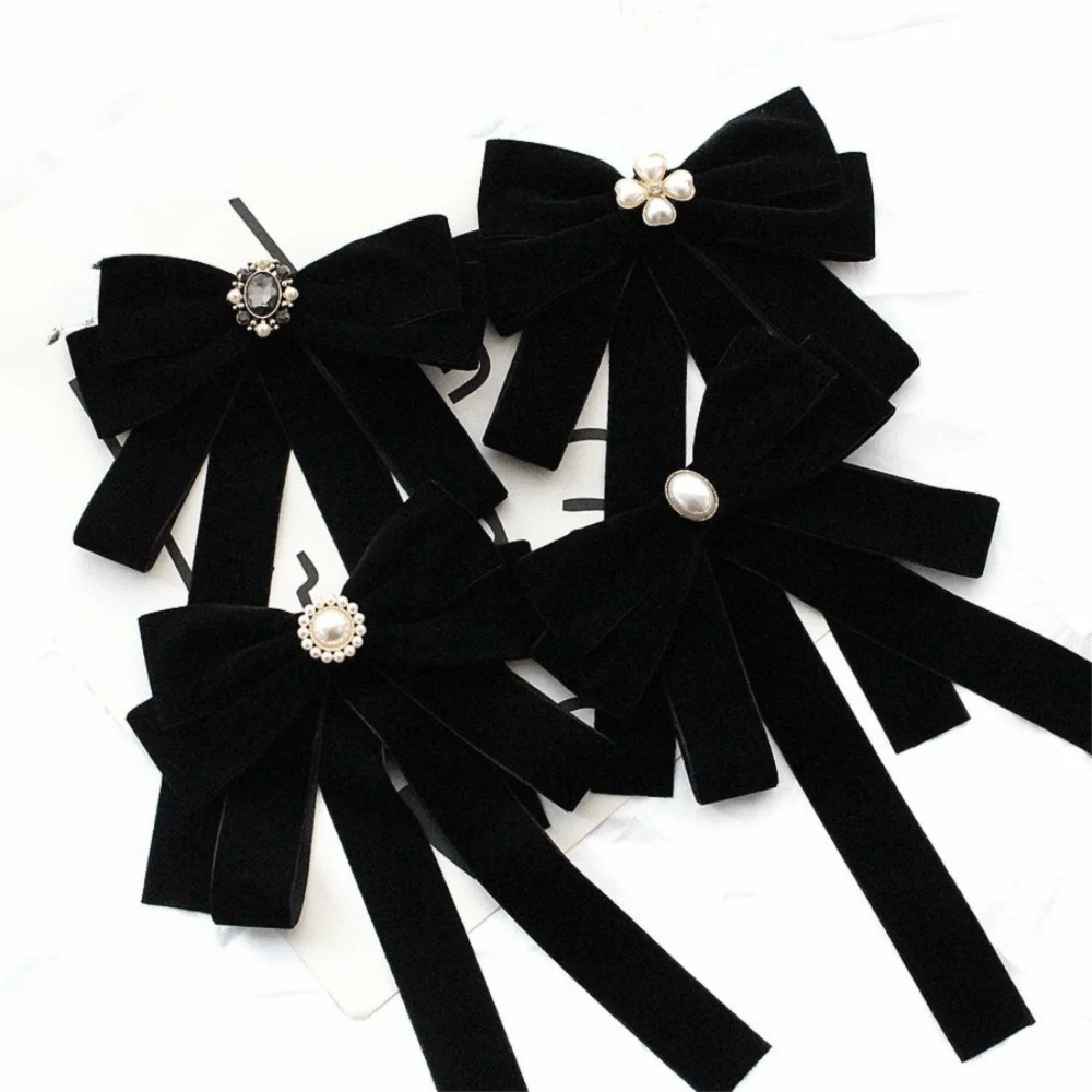 Sparkling Velvet Black Ribbon Pin Beads Pearl Black Bow Necktie Pin Rhinestones Funerals Memorial Pin Mourning