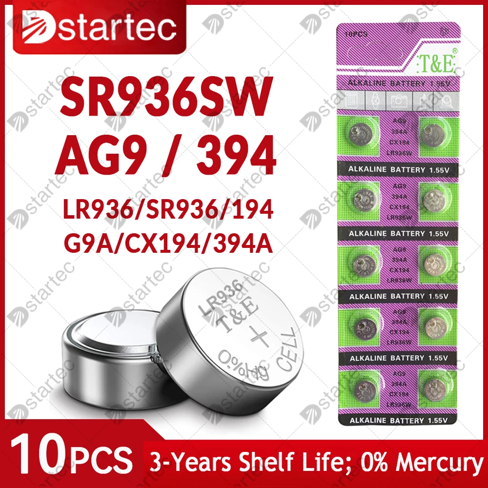 DStartec 10PCS SR936SW 394 AG9 Watch Battery, Replacement AG 9 SR45 SG9 LR45 LR936 G9A 194 1.55V Alkaline Button Cell Batteries